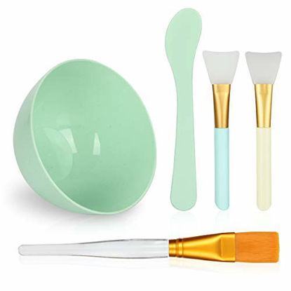 Picture of Face Mask Mixing Bowl Set, Plazuria 5 in 1 DIY Facemask Mixing Tool Kit with Facial Mask Bowl Stick Spatula Silicone Face Mask Brush & Premium Soft Face Brushes