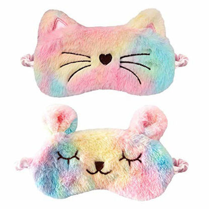Picture of Ayygiftideas 2 Pack Cartoon Animal Sleep Mask Soft Plush Blindfold Eye Masks Eye Cover for Women Girls Travel Nap Night Sleeping (2-Pack Colorful Cat Puppy)