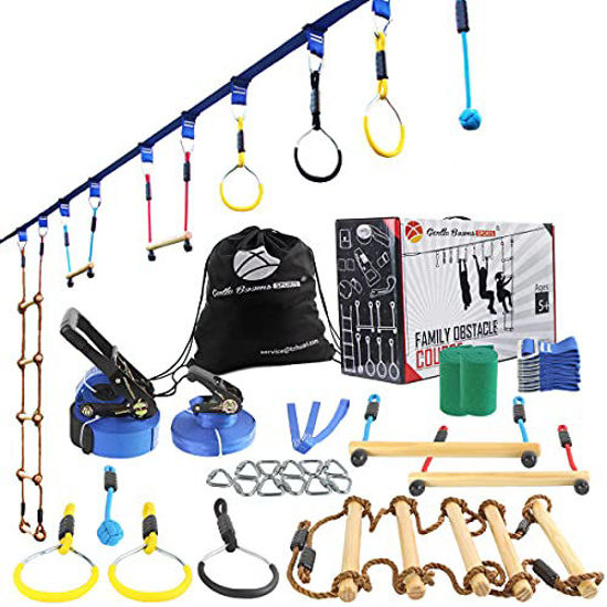Picture of Ninja Warrior Line Obstacle Course for Kids Outside-2×56ft Slackline Kit, Hanging Activities Accessories - Monkey Bar, Rope Ladder, Monkey Fist, Rings for Backyard Tree Training Equipment Outdoor Play