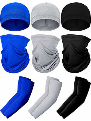 Picture of SATINIOR 3 Set UV Protection Neck Gaiter Face Cover Cooling Arm Sleeve Skull Cap Helmet Liner for Women Men (Black, Gray, Blue)