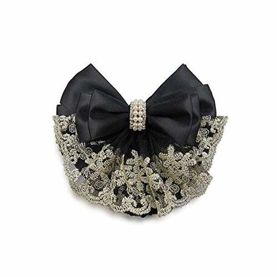 GetUSCart- 2Pcs Professional Hair Bun Cover Net Snood Hairnet Bowknot with  Fan-shaped Lace Pearl Crystal Decoration Barrette Hair Clip Hair  Accessories for Womens Nurse Stewardess with Work Clothes (Black)