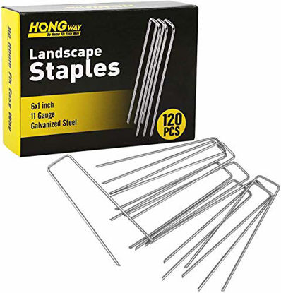 Picture of HongWay 120 Pack Landscape Staples 6 Inch 11 Gauge Stakes, Galvanized Garden Staple U-Shaped Pins and Landscaping Staples for Sod Anchoring Landscape Fabric Irrigation Tubing