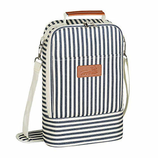 Picture of Tirrinia Insulated 2 Bottle Wine Tote Bag - Wine Tumbler Glass Cooler Carrier for BYOB Restaurants, Wine Tasting, Travel, Park, Beach, Great Wine Lover Gift, Blue Stripe