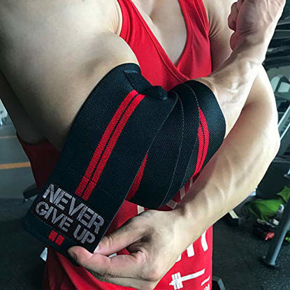 Picture of HYFAN Professional Elbow Wraps Elastic Straps Brace Support Protector for Weightlifting Workout Bodybuilding Gym Fitness (Double Stripe, Red)