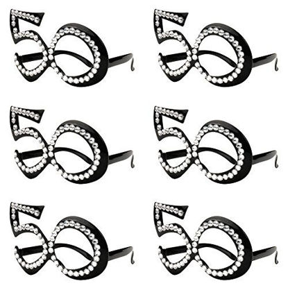 Picture of 50th Birthday Glasses - Number Crystal Frame, Party Favors, Wedding, Funny Costume Sunglasses, Novelty Eyewear Celebration Decoration for Kids and Adults 6 Pack (50)