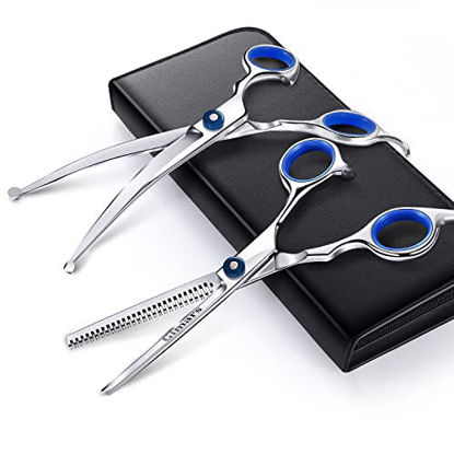 Picture of Gimars Round Tips Dog Grooming Scissors Set, Heavy Duty Titanium Coated Stainless Steel Pet Grooming Trimmer Kit - Perfect Thinning, Curved Shears for Long Short Hair, Large Small Dogs Cat Other Pets