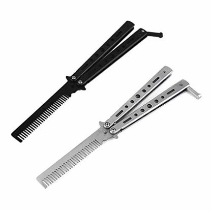 Picture of ZERIRA 2 Pcs Outdoor Camping Practice Comb Butterfly Comb Knife Novel Stainless Steel Butterfly Comb Modeling Tool