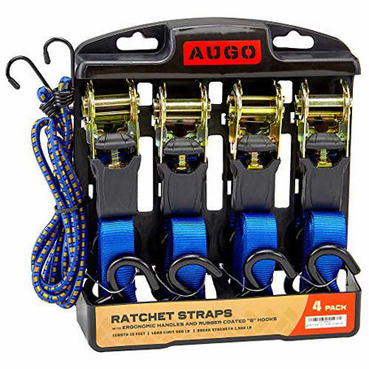 Picture of Ratchet Tie Down Straps - 4 Pk - 15 Ft- 500 Lbs Load Cap- 1500 Lb Break Strength- Cambuckle Alternative- Cargo Straps for Moving Appliances, Lawn Equipment, Motorcycle - Includes 2 Bungee Cord