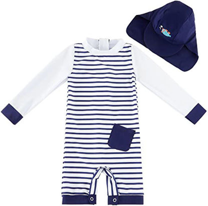 Picture of Baby Swimsuit Boy One Piece Rashguard with Hat UPF 50+ Sun Protection Blue Stripes,12-18 Months