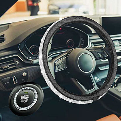 Picture of HAOKAI New Premium Car Bling Steering Wheel Cover for Women Girls, 15 Inch Universal Diamond Leather Steering Wheel Cover with Bling Bling Crystal Rhinestones