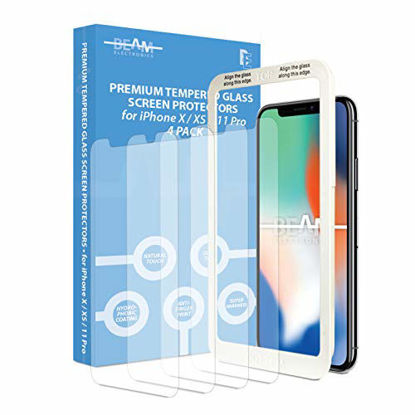 Picture of [4 Pack] Screen Protector for iPhone X, iPhone XS, iPhone 11 Pro, Beam Electronics Tempered Glass Screen Protector- 99% Touch Accurate with Easy Installation Tray and Accessories