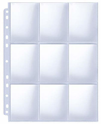 Picture of HERKKA Trading Card Sleeve Pages, 100 Pack 9 Pocket Trading Card Storage Album Pages 11 Holes Fit 3 Ring Binder