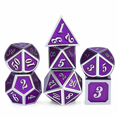 Picture of Metal Game Dice Set, Soild 7 die DND Metal Dice Set Purple Surface and Silver Frame Metal Dice Set with Metal Box for Role Playing Game Dungeons and Dragons RPG and Pathfinder