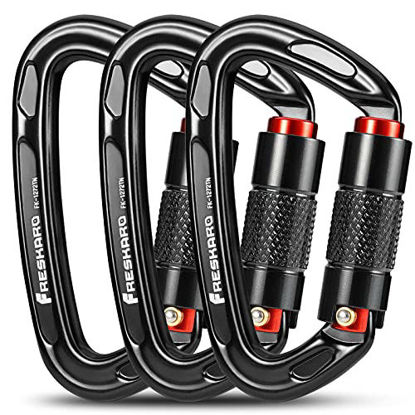 Picture of 3pcs Climbing Carabiners-Auto Double Locking Carabiner Clips, Caribeener Twist Lock and Heavy Duty, for Rock Climbing ,Rappelling, Arborist, Firefighter, Dog Leash, D UIAA Certified 4 Inch, 25kN Black