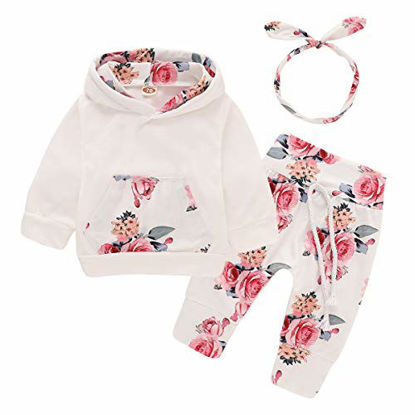 Picture of 3Pcs Infant Toddler Baby Girl Clothes Long Sleeve Hoodie with Pocket Tops Floral Pants Outfits Set with Headband (6-12 Months)