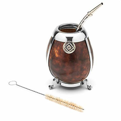 Picture of BALIBETOV [New] Handmade Yerba Mate Gourd Set - German Silver Trim and Base - [Mate Cup] with Bombilla [Yerba Mate Straw] (Dark Brown)