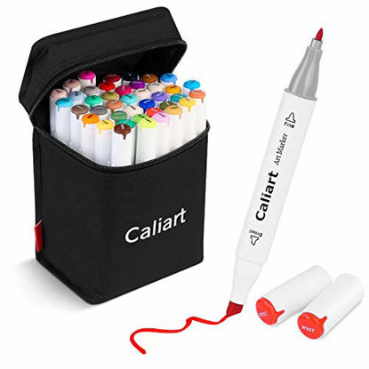 Picture of Caliart 40 Colors Dual Tip Art Markers Permanent Alcohol Based Markers Colored Artist Drawing Marker Pens Highlighters With Case for Coloring Animation Illustration Painting Card Making Underlining