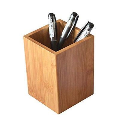 Picture of YOSCO Bamboo Wood Desk Pen Pencil Holder Stand Multi Purpose Use Pencil Cup Pot Desk Organizer