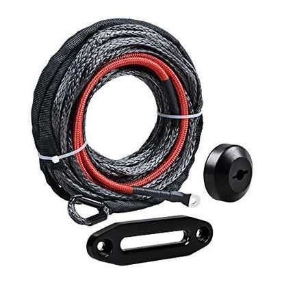 Picture of AMOPA 50 feet x 3/16 inch Black Synthetic Winch Cable Rope Protective Sleeve 5400LBs 22" Heat Guard and 6 inch Aluminum Hawse Fairlead with Rubber Stopper