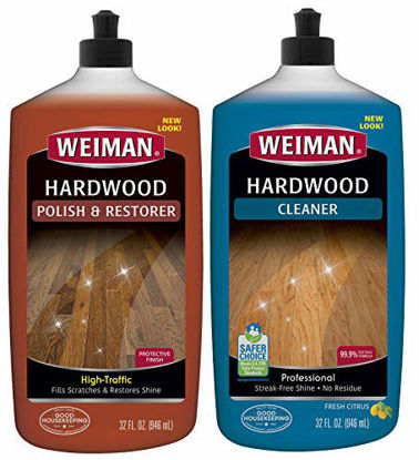 Picture of Weiman Hardwood Floor Cleaner and Polish Restorer Combo - 2 Pack - High-Traffic Hardwood Floor, Natural Shine, Removes Scratches, Leaves Protective Layer - Packaging May Vary