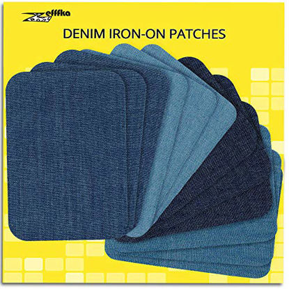 Picture of ZEFFFKA Premium Quality Denim Iron-on Jean Patches Inside & Outside Strongest Glue 100% Cotton Assorted Shades of Blue Repair Decorating Kit 12 Pieces Size 3" by 4-1/4" (7.5 cm x 10.5 cm)