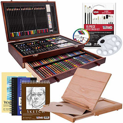 Picture of U.S. Art Supply 163-Piece Mega Art Painting, Drawing, Sketching Set in Wood Box Plus a Wooden Drawing Easel - Colored Pencils, Pastels, Crayons, Brush Kit, Watercolor Paint and Pad, Draw Sketch Pads