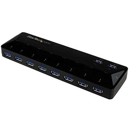 Picture of StarTech.com 10 Port USB 3.0 Hub with Charge & Sync Ports - 8 x USB-A, 2 x USB-A Fast Charge Ports - Multi Port Powered USB Hub (ST103008U2C) Black