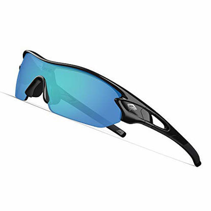 Picture of TOREGE Polarized Sports Sunglasses with 5 Interchangeable Lenes for Men Women Cycling Running Driving Fishing Golf Baseball Glasses TR002 (Black&Ice Blue Lens)
