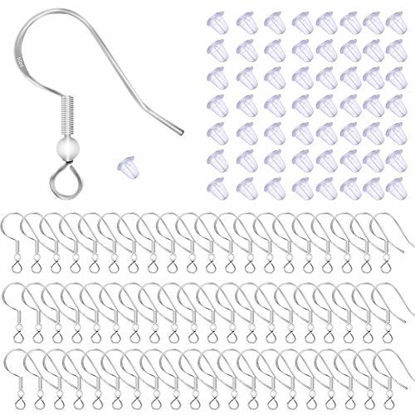 Picture of 100 PCS/50 Pairs 925 Sterling Silver Earring Hooks Fish Hook Ear Wires French Wire Hooks Hypo-allergenic Jewelry Findings Earring Parts DIY Making With 100 PCS Clear Rubber Earring Safety Backs