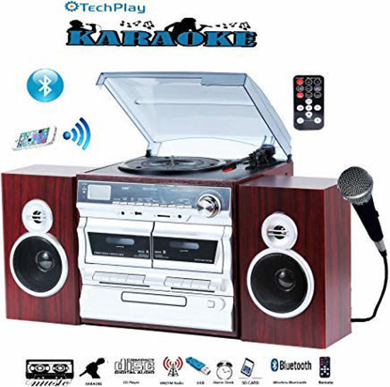 Picture of TechPlay Karaoke Enabled, 30W RMS, Retro Classic Turntable, NFC Bluetooth, Double Cassette Player/Recorder, CD MP3 Player, USB SD Ports, AM/FM Digital Alarm Clock and Full Remote Control