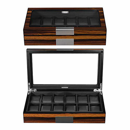 Lifomenz Co Wood Cufflink Box – Glass Top Display Case Holds 36-46 Pairs, PU Leather Interior