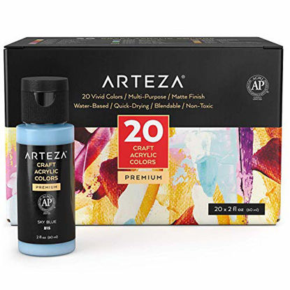 Picture of ARTEZA Craft Acrylic Paint, Set of 20 Colors, 2oz/60 ml Bottles, Water-Based, Matte Finish Paints, Art Supplies for Art & DIY Projects on Glass, Wood, Ceramics, Fabrics, Leather, Paper & Canvas