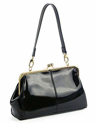 Picture of Vintage Kiss Lock Handbags Shiny Patent Leather Evening Shoulder Tote Bags with Chain Strap (Black)