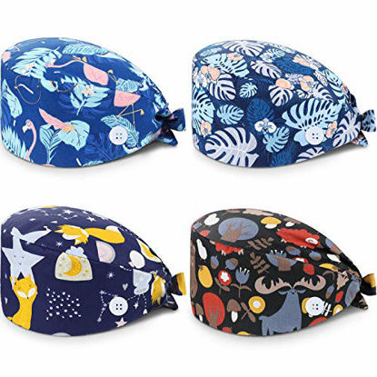 Picture of SATINIOR 4 Pack Scrub Cap Printed Bouffant Turban Cap Adjustable Bouffant Hair Cover Unisex Doctor Cap with Sweatband for Beauty Worker Personal Care Supplies