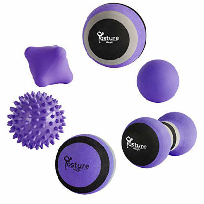 Picture of Posture Magic Massage Ball Kit for Myofascial Trigger Point Release & Deep Tissue Massage - Set of 6 - Large Foam/Small Foam/Lacrosse/Peanut/Spiky/Hand Exercise Ball (Purple)