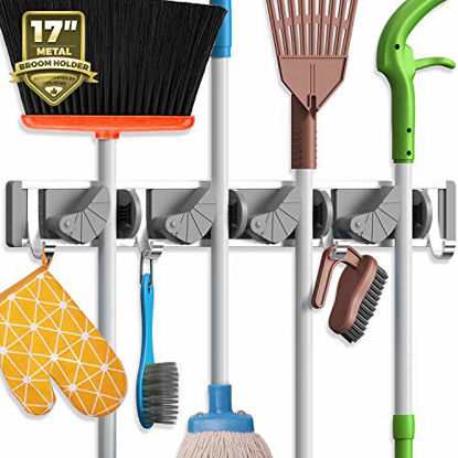 Picture of Holikme Mop Broom Holder Wall Mount Metal Pantry Organization and Storage Garden Kitchen Tool Organizer Wall Hanger for Home Goods (4 Positions with 4 Hooks, Silver)