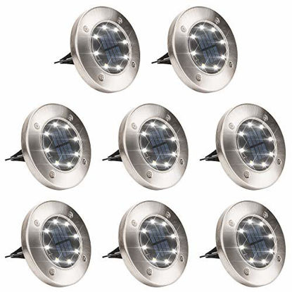 Picture of GIGALUMI 8 Pack Solar Ground Lights, 8 LED Solar Powered Disk Lights Outdoor Waterproof Garden Landscape Lighting for Yard Deck Lawn Patio Pathway Walkway (White)