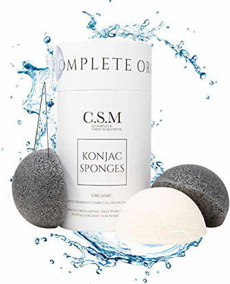 Picture of CSM Organic Konjac Sponges 3-Pack for Gentle Exfoliating - Facial Cleansing Sponge with Activated Bamboo Charcoal to Clean Pores, Remove Impurities, Exfoliate - 2 Black, 1 White Natural Sponge