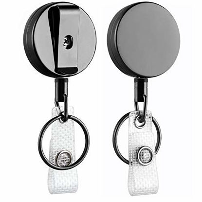 Picture of 2 Pack Heavy Duty Retractable Badge Holder Reel, Will Well Metal ID Badge Holder with Belt Clip Key Ring for Name Card Keychain [All Metal Casing, 27.5" Steel Wire Cord, Reinforced Id Strap]