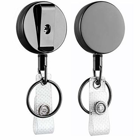 GetUSCart- 2 Pack Heavy Duty Retractable Badge Holder Reel, Will Well Metal  ID Badge Holder with Belt Clip Key Ring for Name Card Keychain [All Metal  Casing, 27.5 Steel Wire Cord, Reinforced