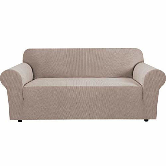 Picture of H.VERSAILTEX Stretch Sofa Covers for 3 Cushion Couch Covers Sofa Slipcovers for Living Room Feature Thick Checked Jacquard Fabric with Elastic Bottom, Sofa Large - Sand