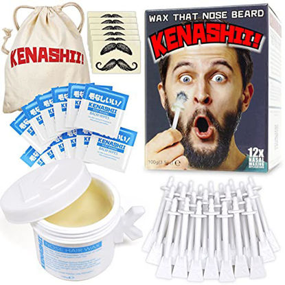 Picture of Nose Wax Kit, 100 g Wax, 24 Applicators. The Original and Best Nose Hair Removal Kit from Kenashii. Nose Waxing For Men and Women. 12 Applications, 12 Post Waxing Balm Wipes, 12 Mustache Guards