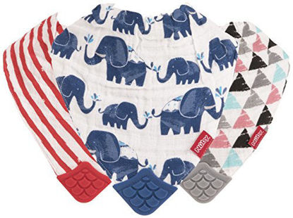 Picture of Nuby Reversible 100% Natural Cotton Muslin 3 Piece Teething Bib, Grey/Red/Blue, Arrows/Red Stripes/Elephants