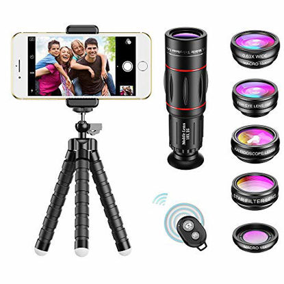 Picture of APEXEL Phone Camera Lens with 18x Telephoto Lens+Fisheye,Macro/Wide Angle Lens+Star,Kaleidoscope Filter+Tripod and Shutter 8 in 1 Cell Phone Lens Kit Fit For iPhone and other Smartphone