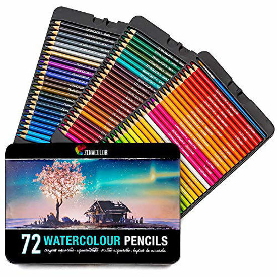 Picture of 72 Watercolor Pencils Professional, Numbered, with a Brush and Metal Box - 72 Water Color Pencils for Adults and Adult Coloring Books - Watercolor Pencil for Kids, Colored Pencils, Art Set