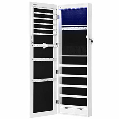Picture of SONGMICS 47.2" H Full Screen Mirror Jewelry Cabinet Armoire, 6 LEDs Jewelry Organizer Wall Hanging/Door Mounted, Larger Capacity, for Women, Pure White UJJC99WT