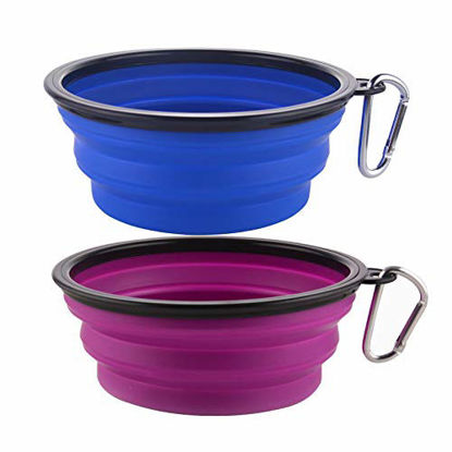 Picture of Guardians Large Collapsible Dog Bowls, 34oz Travel Water Food Bowls Portable Foldable Collapse Dishes with Carabiner Clip, 2 Pack (Blue + Purple)