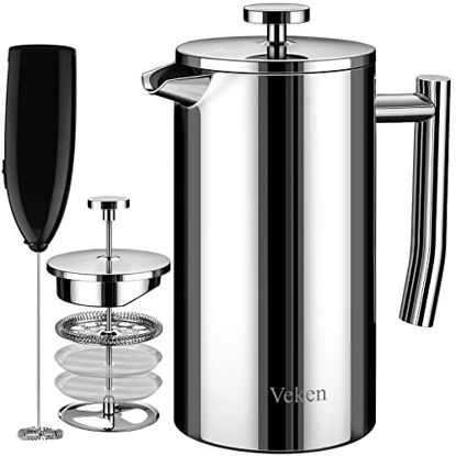 Picture of Veken French Press Coffee Tea Maker 50oz, 304 Stainless Steel Insulated Coffee Press with 4 Filter Screens Milk Frother, Rust-Free, Dishwasher Safe, Silver