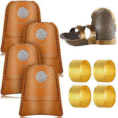 Picture of 10 Pieces Sewing Thimble Finger Protector, Includes Leather Coin Thimble Pads Finger Sleeve Protector Metal Fingertip Thimble and Copper Sewing Thimble for Sewing Quilting Embroidery Craft