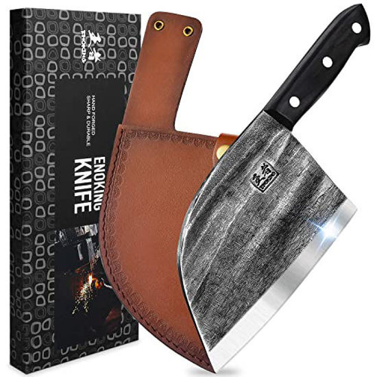 ENOKING Meat Cleaver Hand Forged Chef Knife High Carbon Steel Kitchen Butcher Knife with Full Tang Handle Leather Sheath Chopping Knife for Kitchen, C